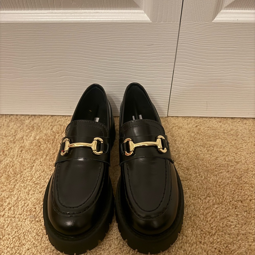 Steve Madden Black Loafers with Gold Accent